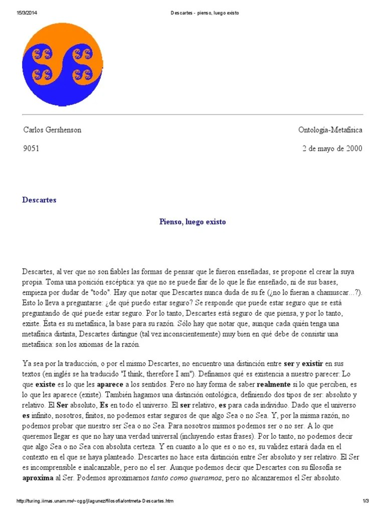 Descartes - Pienso, Luego Existo | PDF | René Descartes | Existencia