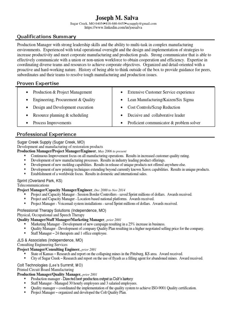 Production Manager Project In Kansas City Mo Resume Joseph