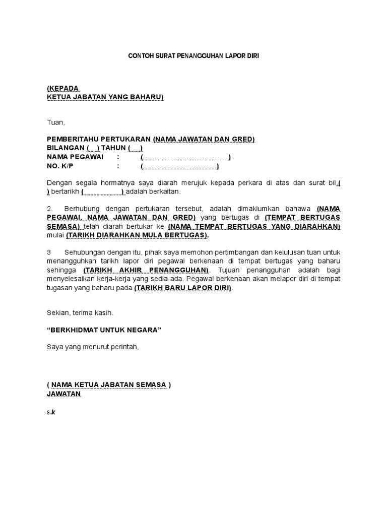 Puan, makluman dan permohonan penangguhan tarikh melapor diri. Surat Penangguhan Lapor Diri Di Sekolah Baru Kimaku