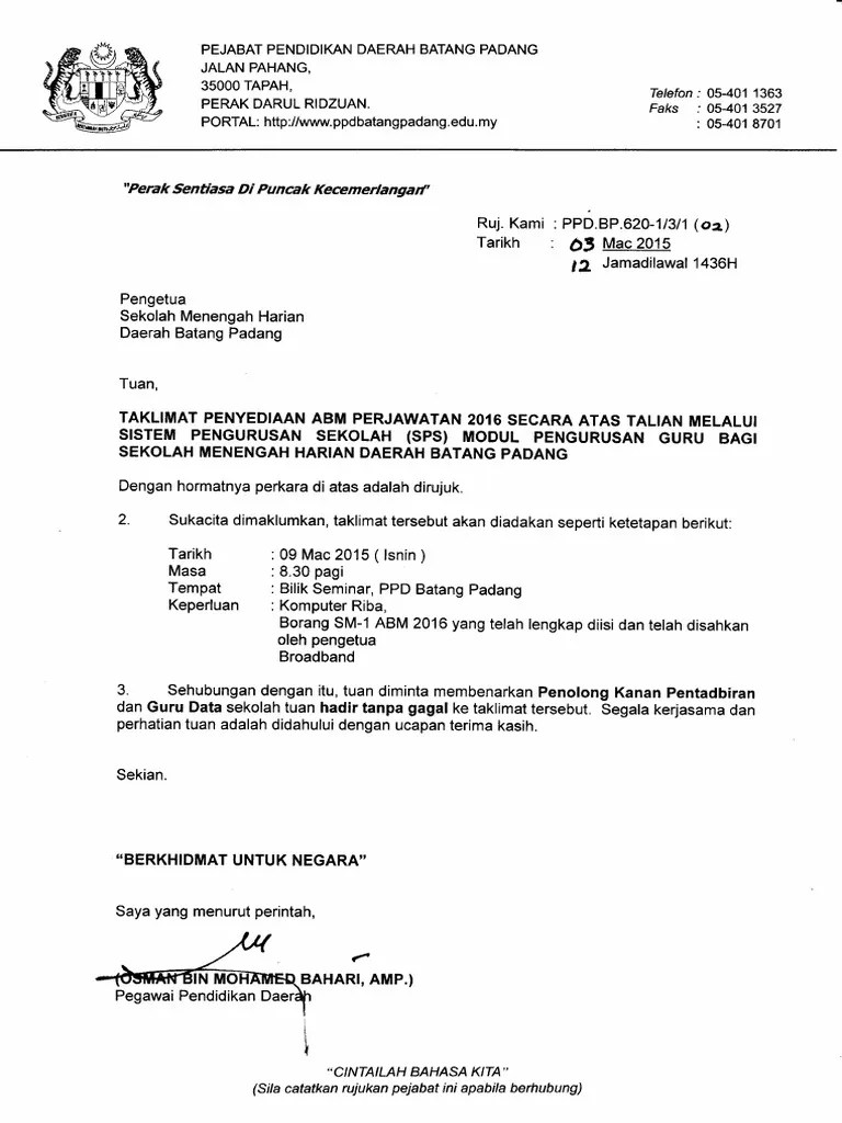 5 juta bagi elaun tambahan dan rm1. Contoh Surat Panggilan Taklimat