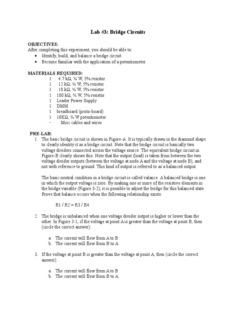 Bridge Circuits Lab Experiment | PDF | Resistor | Voltage