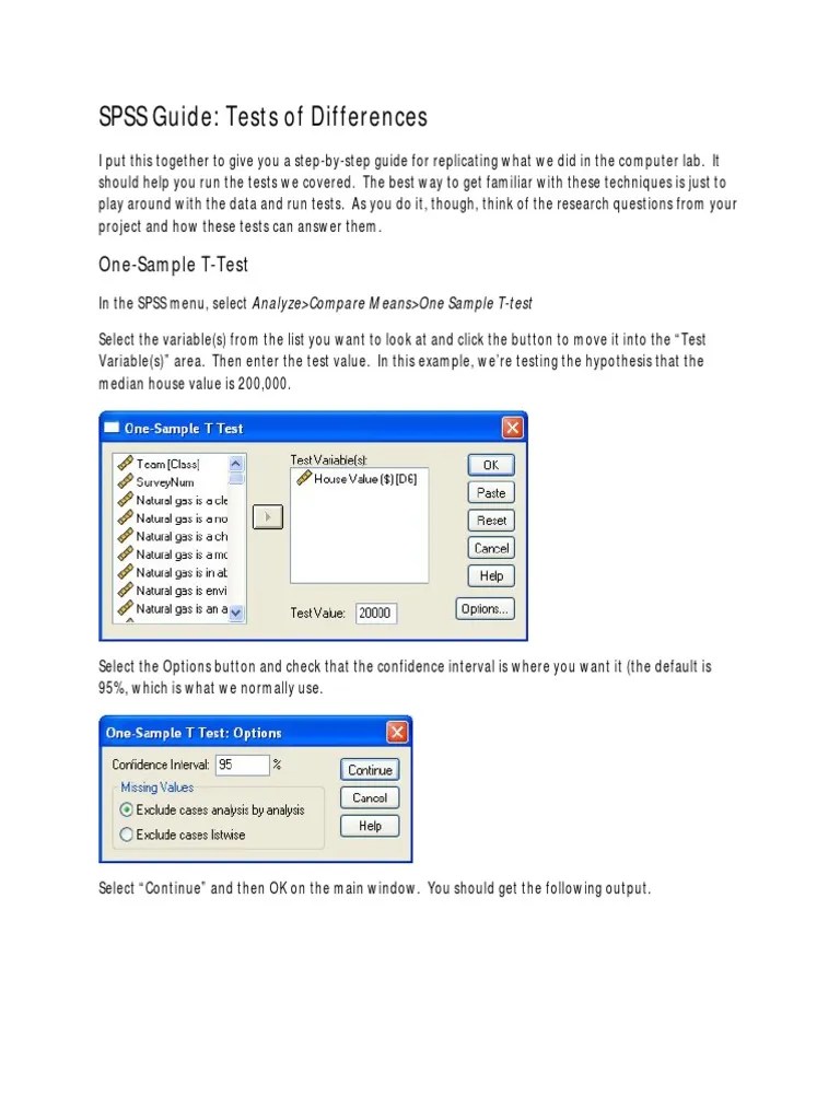 SPSS Guide: Tests Of Differences: One-Sample T-Test | PDF | Student's T ...