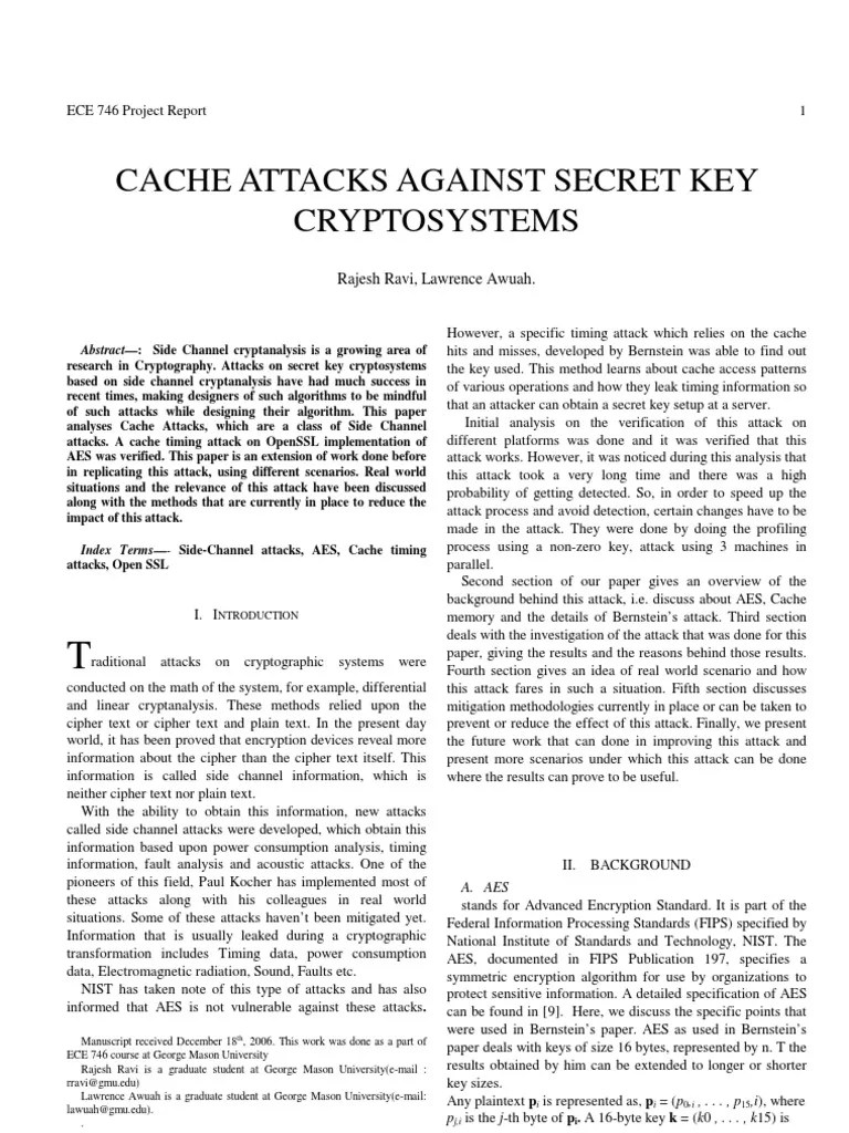 Cache Attacks Against Secret Key Cryptosystems: Rajesh Ravi, Lawrence ...