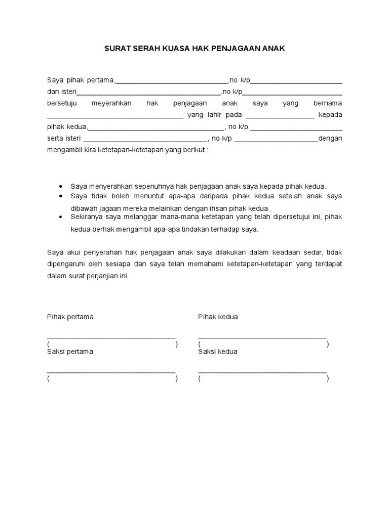 Yang bertanda tangan dibawah ini, kami pasangan suami istri, dengan hal ini disebut sebagai pihak i (pertama) Contoh Surat Perjanjian Penyerahan Anak Contoh Surat