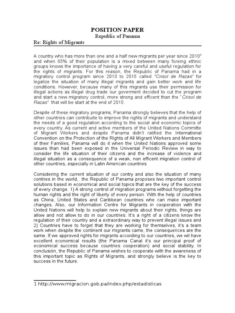 Position paper for the united nations high commissioner for refugees executive committee (unhcr). Panama Position Paper for MUN | Migrant Worker | Panama