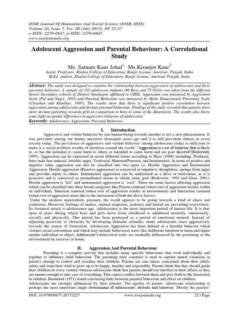 Adolescent Aggression And Parental Behaviour: A Correlational Study ...