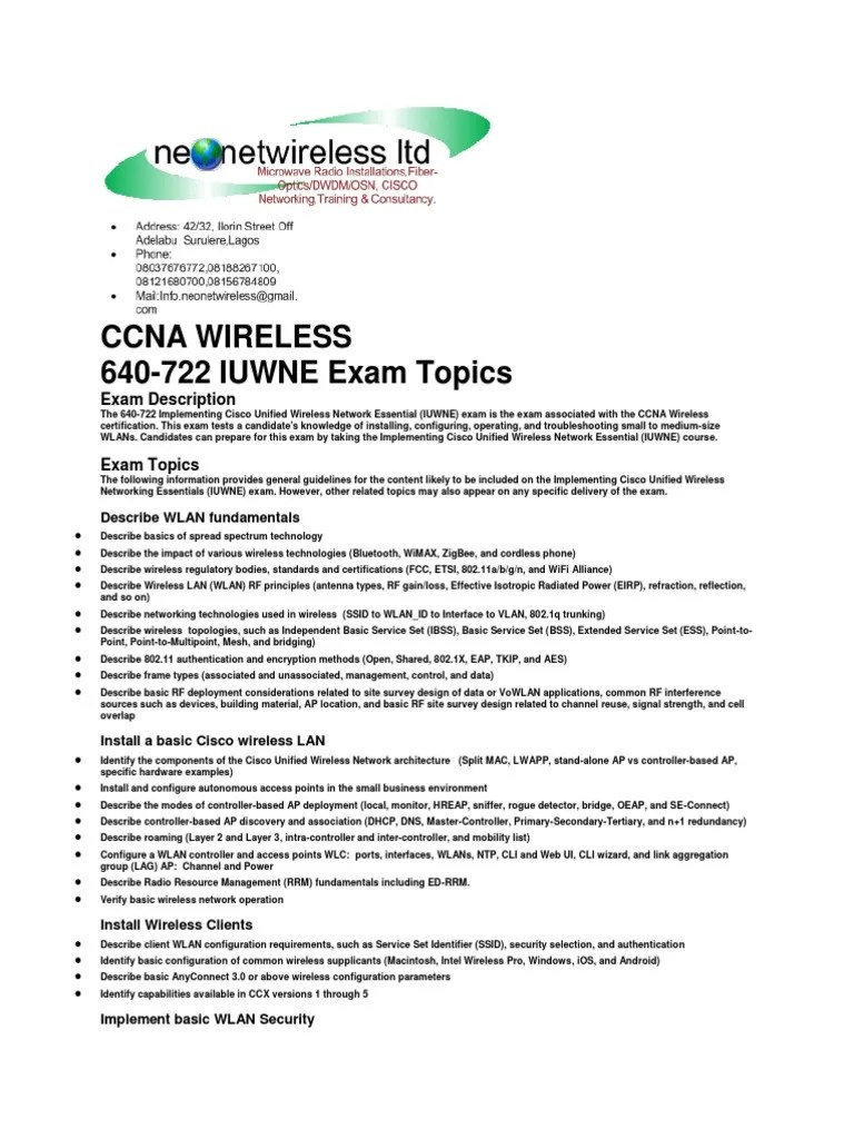 Ccna Wireless 640-722 IUWNE Exam Topics | PDF | Wireless Lan | Wi Fi