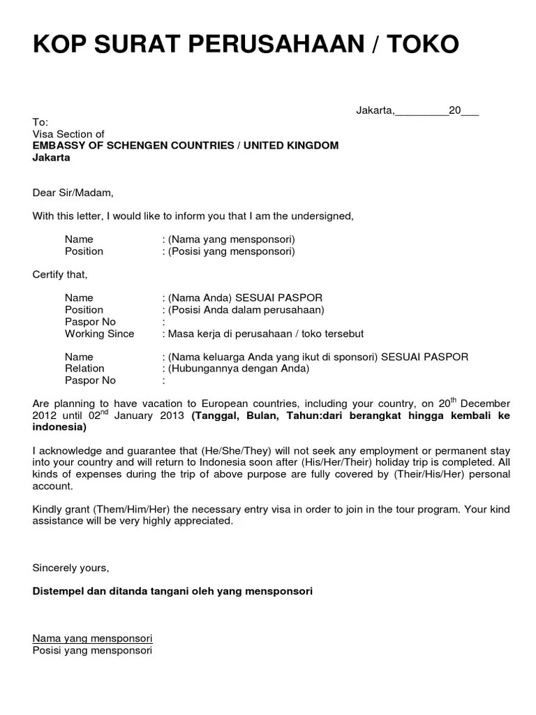 Contoh Surat Keterangan Kerja Untuk Visa Usa 