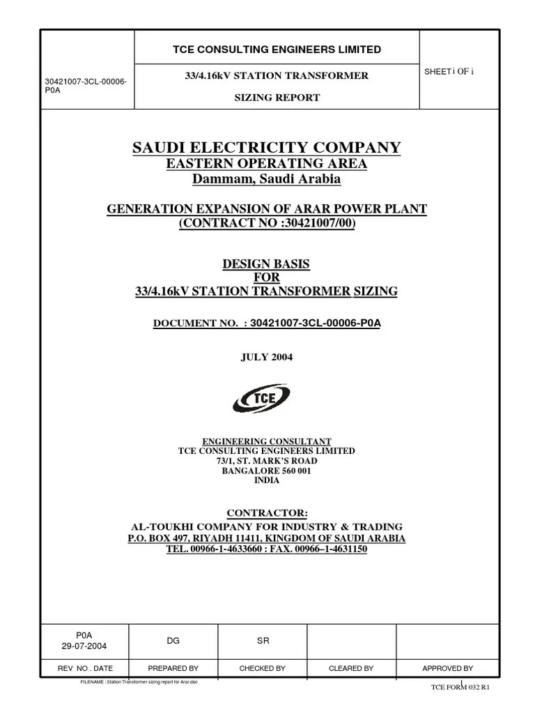 Station Transformer Sizing Report For Arar | PDF | Transformer ...
