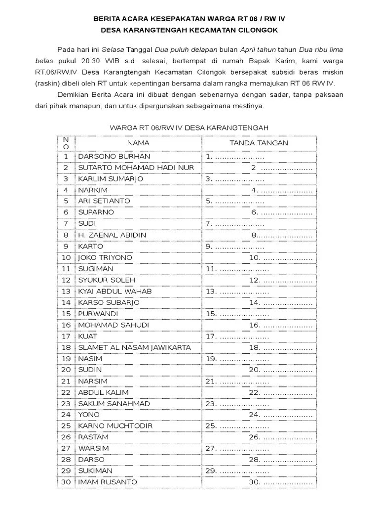 Pada hari ini, kamis tanggal lima belas bulan juni tahun dua ribu tujuh belas bertempat di. Berita Acara Kesepakatan Warga Rt 06 Pdf