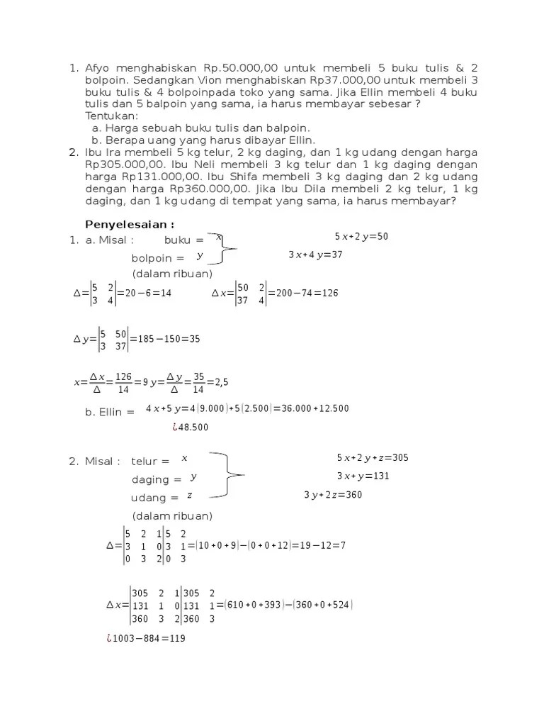 Contoh Soal Cerita Pertidaksamaan Linear 2 Variabel Beserta Penyelesaiannya Jadi persamaan linear dua variabel adalah persamaan yang dapat dituliskan dalam bentuk ax by c dimana x dan y adalah variabel dan a b c R a Contoh Soal Persamaan Linear Dua Variable.