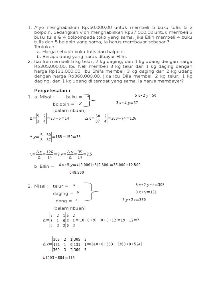 Kali ini kita akan membahas sistem persamaan dalam soal cerita. Mat Peminatan Soal Cerita Spldv Dan Spltv Beserta Penyelesaiannya Riesz R R 23 Pdf