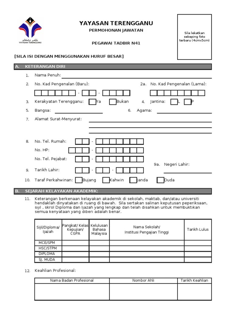 Permohonan dipelawa kepada warganegara malaysia (keutamaan rakyat negeri terengganu) yang . Borang Permohonan Jawatan Kosong Di Yayasan Terengganu Yt Pdf