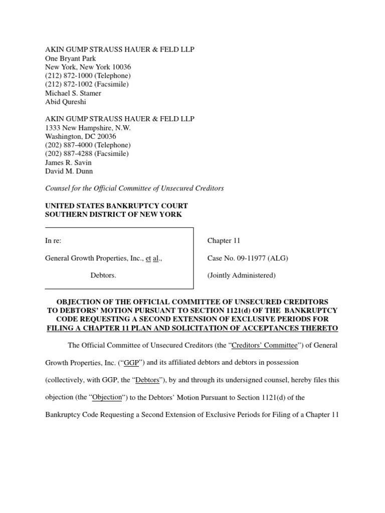 Objection By General Growth's Unsecured Creditors To Exclusivity | PDF ...