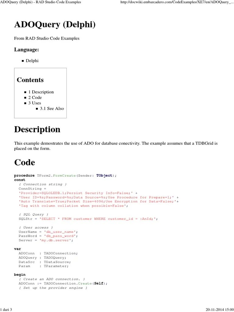 ADOQuery (Delphi) - RAD Studio Code Examples | Download Free PDF | Password | Sql