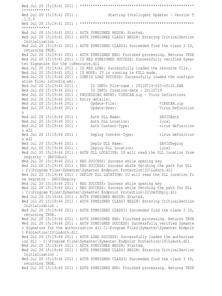 Log Of Intelligent Updater Deploying Virus Definition File VIRSCAN.zip With Success | PDF ...