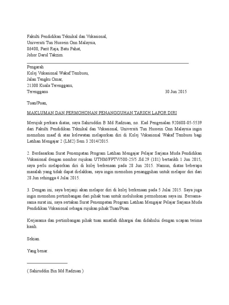 Contoh surat mohon penangguhan lapor . Surat Penangguhan Lapor Diri Lm2 Pdf