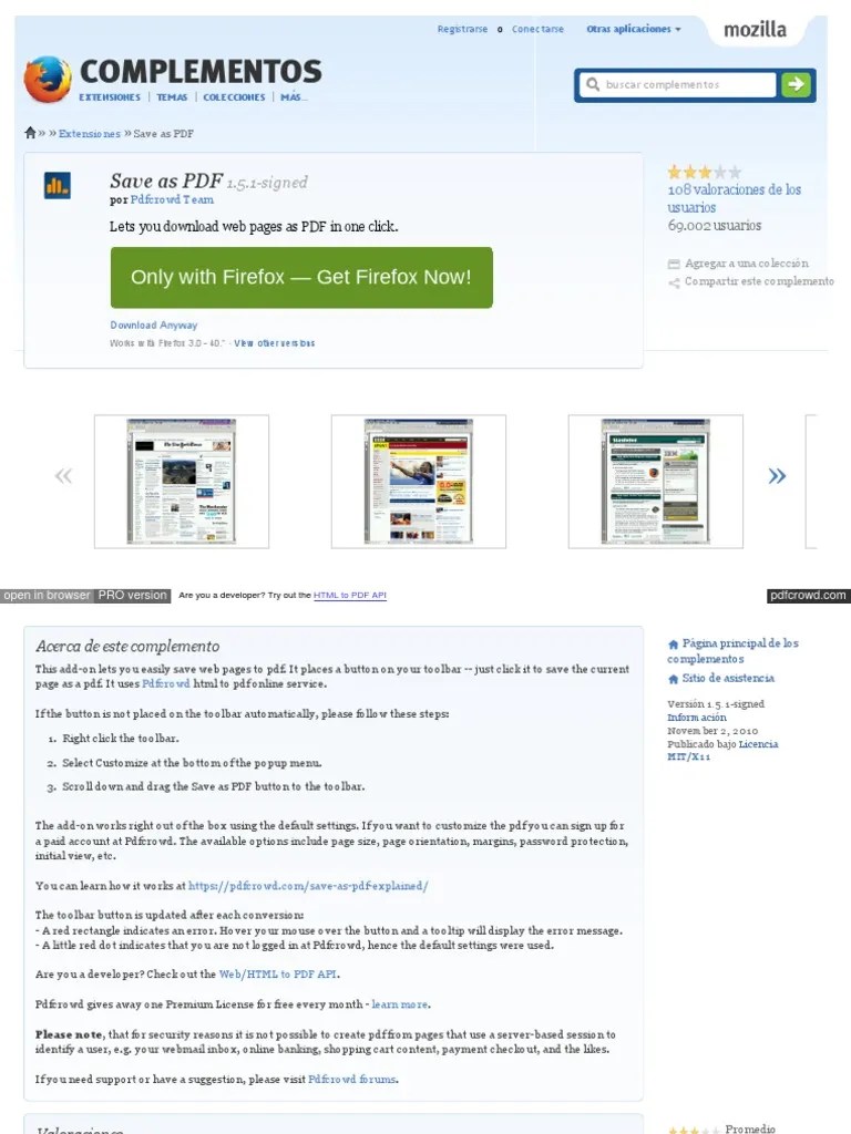 Addons Mozilla Org Es Firefox Addon Save As PDF | PDF | Web Page | Web ...