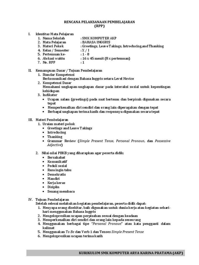 Cd rpp 1 lembar daring dan lurin / tatap muka,sma,mapel bahasa inggris wajib, kelas x, 2semester. Rpp Bahasa Inggris Sma K13 Pdf