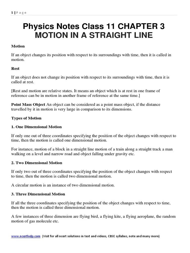 Physics Notes Class 11 Chapter 3 Motion In A Straight Line | PDF