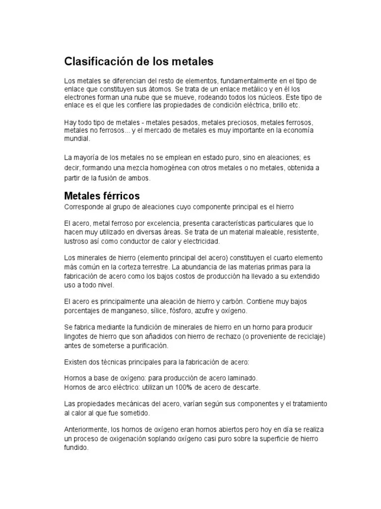 Clasificacion De Los Metales