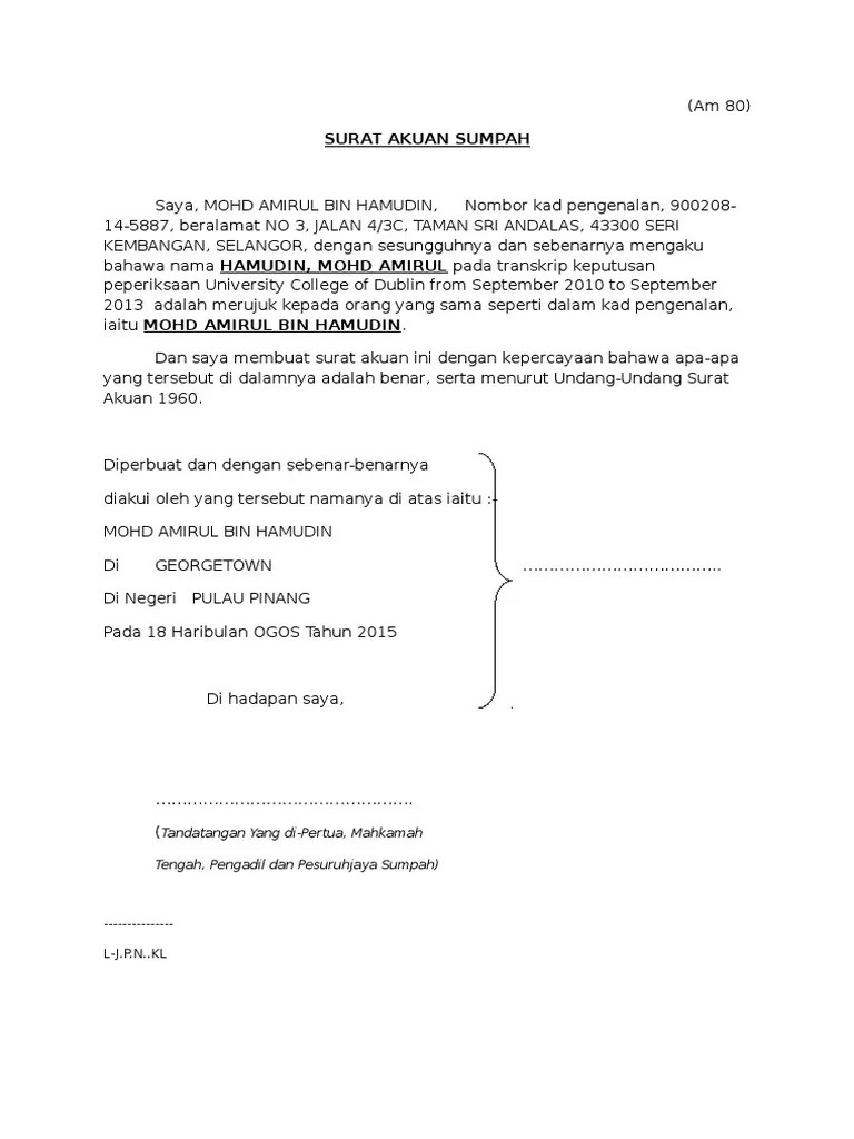 Contoh Surat Akuan Pemindahan Geran - Contoh Surat Akuan Sumpah Tukar Nama Tanah