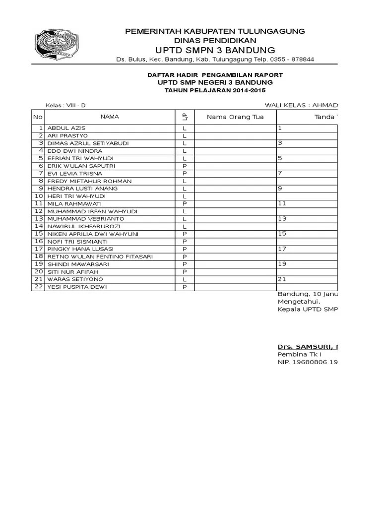Contoh Daftar Hadir Rapat Wali Murid Sekali 