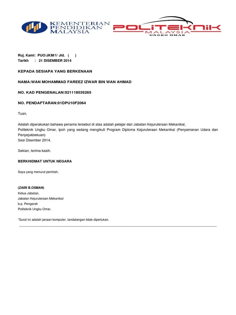 Contoh silibus diploma kejuruteraan mekanikal. Surat Pengesahan Pelajar Politeknik Letter 7saudara Com