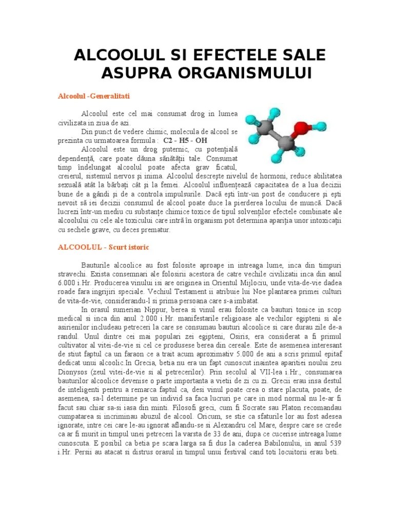 Scopul lucrării este de a studia influența alcoolului etilic asupra . Alcoolul Si Efectele Sale Asupra Organismului Pdf
