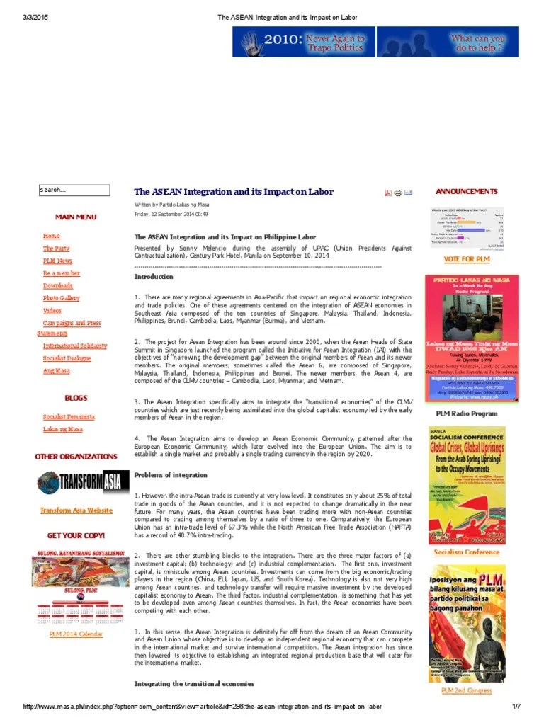 The ASEAN Integration And Its Impact On Labor | PDF | Association Of Southeast Asian Nations ...