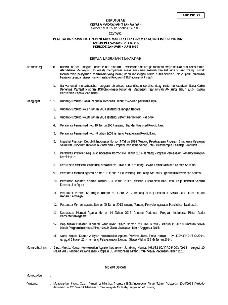 Keputusan bersama menteri pendidikan dan kebudayaan, menteri agama,. Form Pip 01 Surat Keputusan Kepala Madrasah Pdf