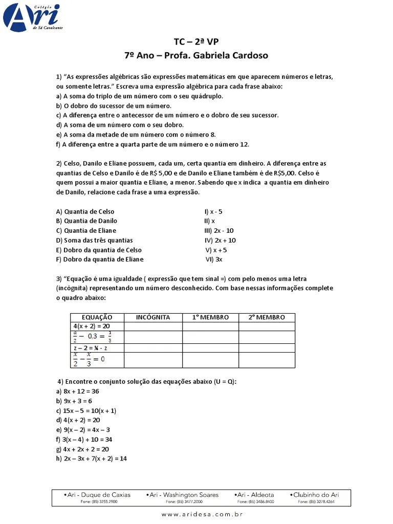 Expressões Algébricas 7º Ano | PDF