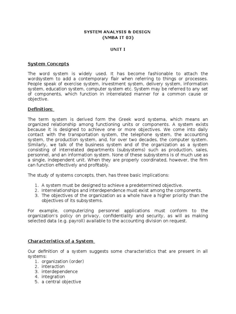 System Analysis And Design Unit One | PDF | System | Input/Output