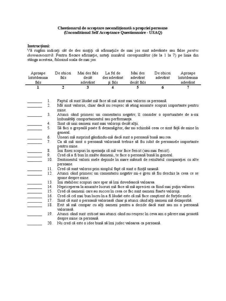 Unconditional Self Acceptance Questionnaire - USAQUsa | PDF