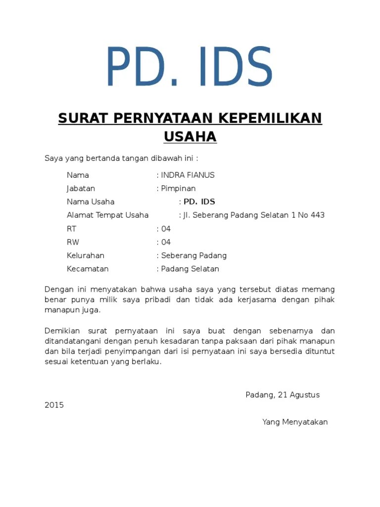 Surat keterangan kepemilikan usaha kecil. Surat Pernyataan Kepemilikan Usaha