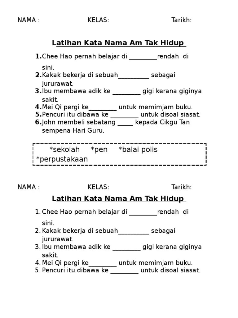 Interactive worksheet latihan kata nama am tahun 4. Latihan Kata Nama Am Tak Hidup Pdf