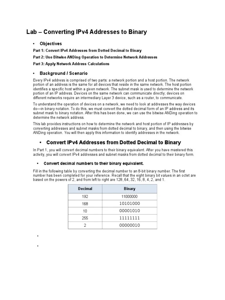ITN801 - 8.2.1.8 - Converting IPv4 Addresses To Binary | PDF | Ip Address | Network Layer Protocols