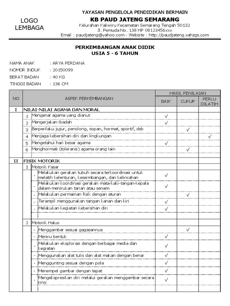 contoh raport untuk anak paud kurikulum 2013. C 20 Contoh Raport Paud Otomatis Tk 5 6 Thn Pdf