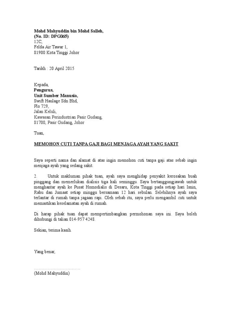 24561810 surat tidak hadir sekolah. Contoh Surat Mohon Cuti Jaga Org Sakit