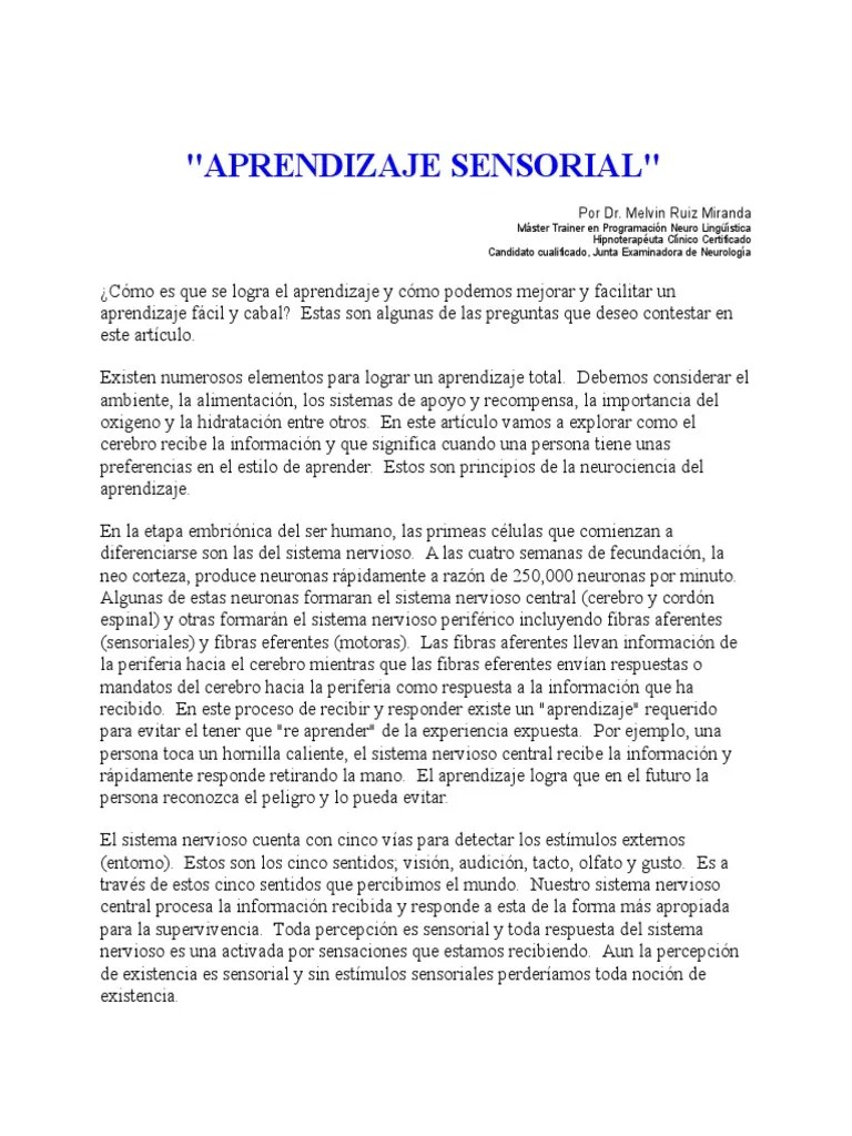 Aprendizaje Sensorial | PDF | Percepción | Sistema Nervioso