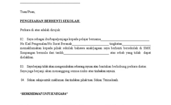 Contoh Surat Pemberitahuan Pelatih Tiada Surat Berhenti Sekolah