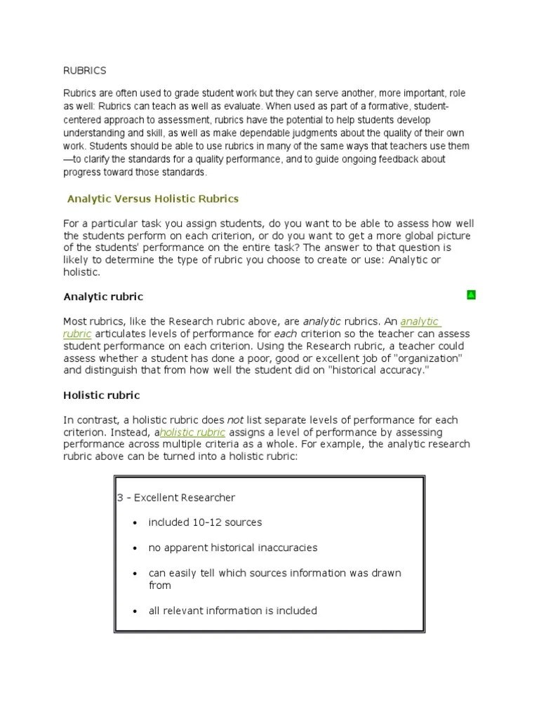 Analytic Versus Holistic Rubrics | PDF | Rubric (Academic ...