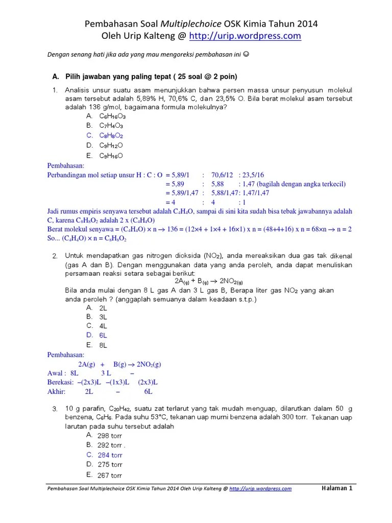 Soal latihan olimpiade untuk persiapan osn 2019 dalam file.pdf dapat di download pada list dibawah. Pembahasan Soal Multiplechoice Osn Kimia Tingkat Kab Kota Tahun 20142 Pdf