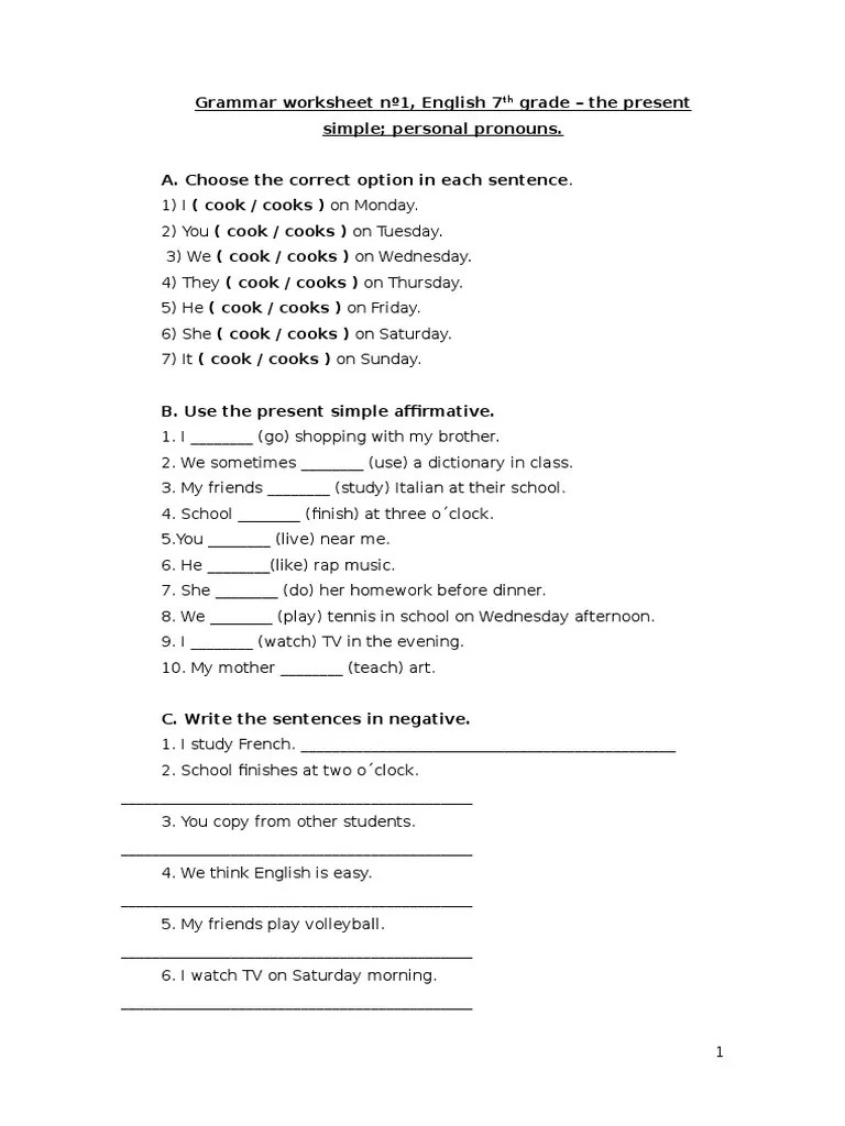 Give students practice identifying prepositional phrases in context with this seventh grade grammar worksheet! Grammar Worksheet NÂº1 Present Simple Personal Pronouns Pdf