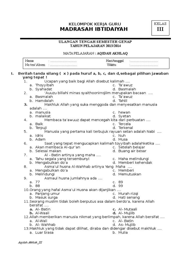Soal ukk fiqih kelas 5 sd dan mi.pdf. Soal Aqidah Akhlak Untuk Anak Tpa