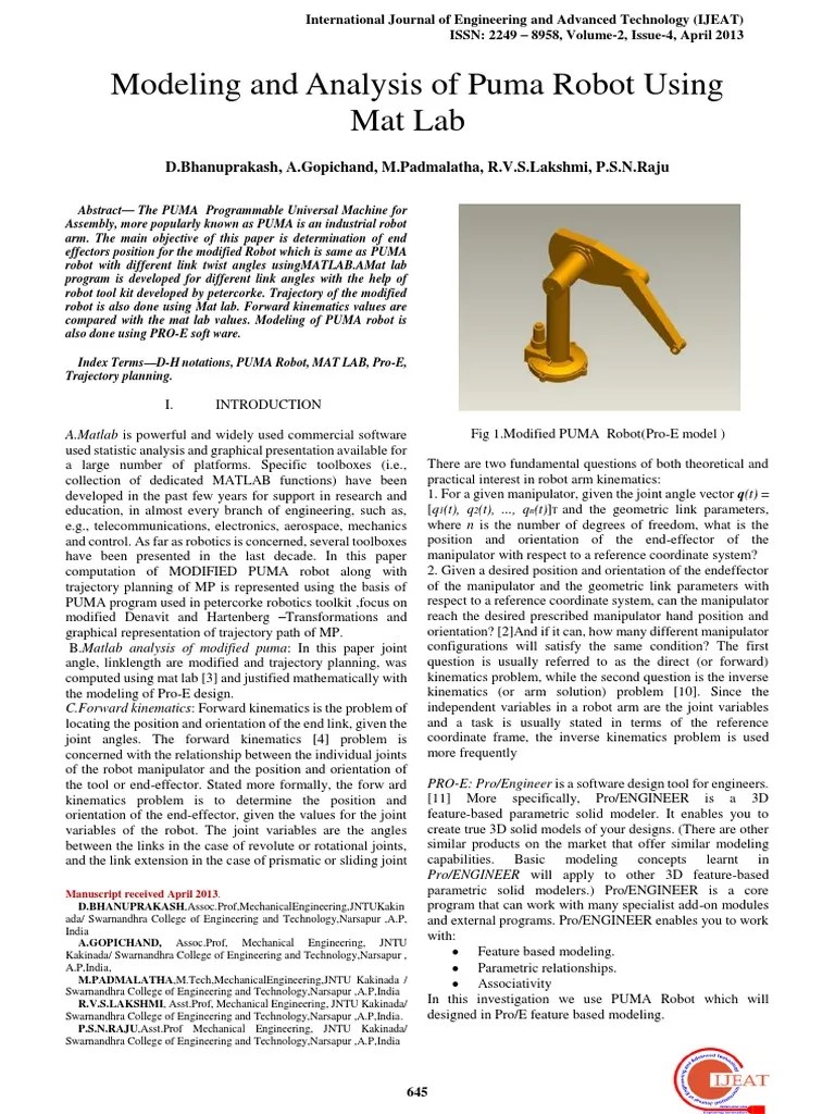 Modeling And Analysis Of A Modified PUMA Robot Using MATLAB: A ...
