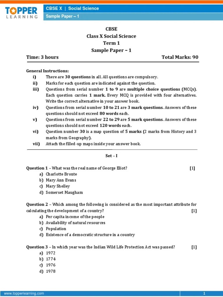 CBSE-Social Science Sample Paper-1-Class 10 Question Paper (SA-I) | PDF ...