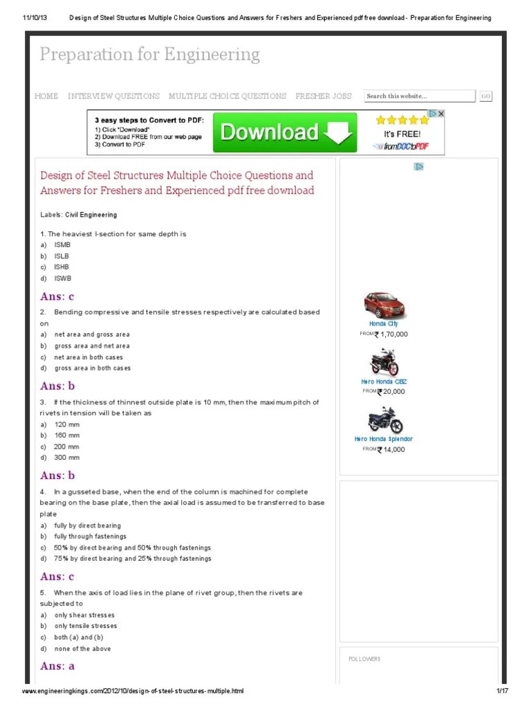 Design Of Steel Structures Multiple Choice Questions And Answers For Freshers And Experienced ...