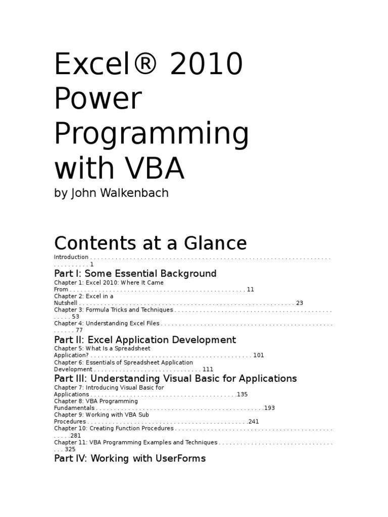 Excel® 2010 Power Programming With VBA: Contents At A Glance | PDF ...
