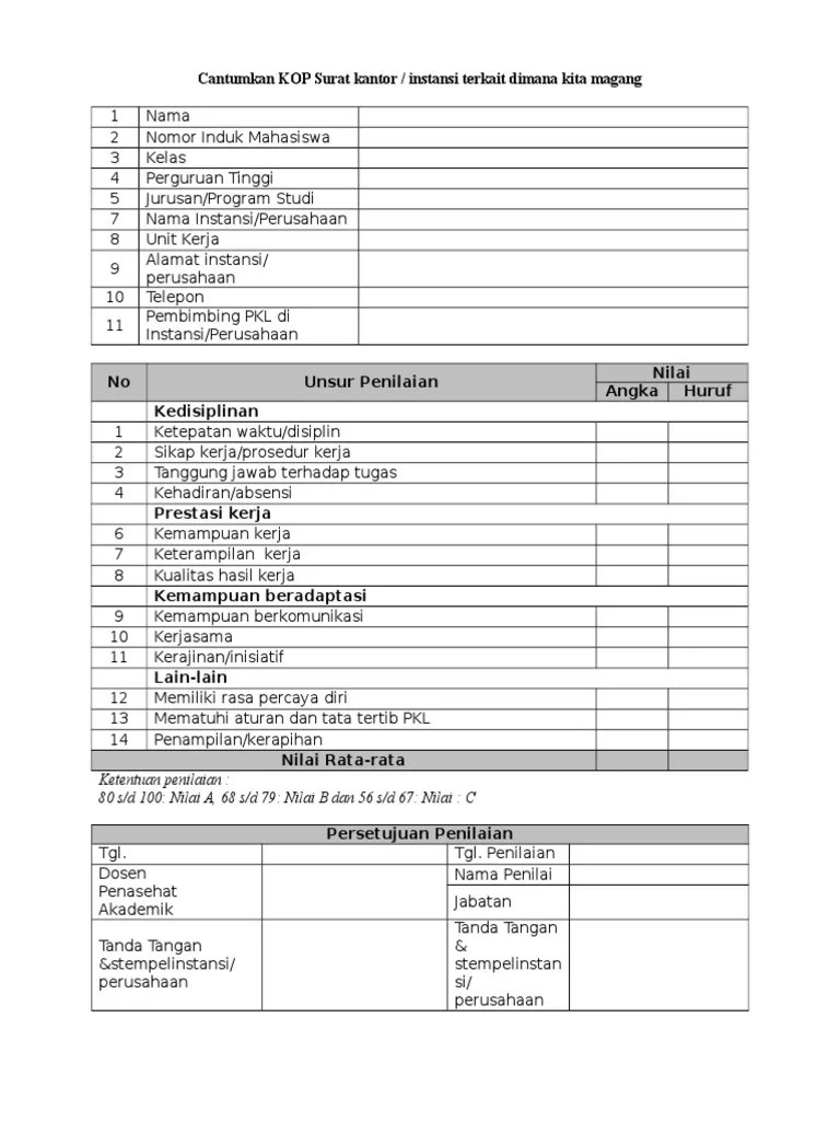 Nah, jika seandainya dari pihak kampus meminta membuat surat sendiri, . Contoh Form Penilaian Magang Atau Kkp Terbaru Pdf
